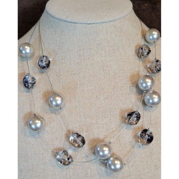 TOP FROG Gray Clear Glass & Silver Faux Pearls Double Strand Illusion Necklace - Picture 1 of 11